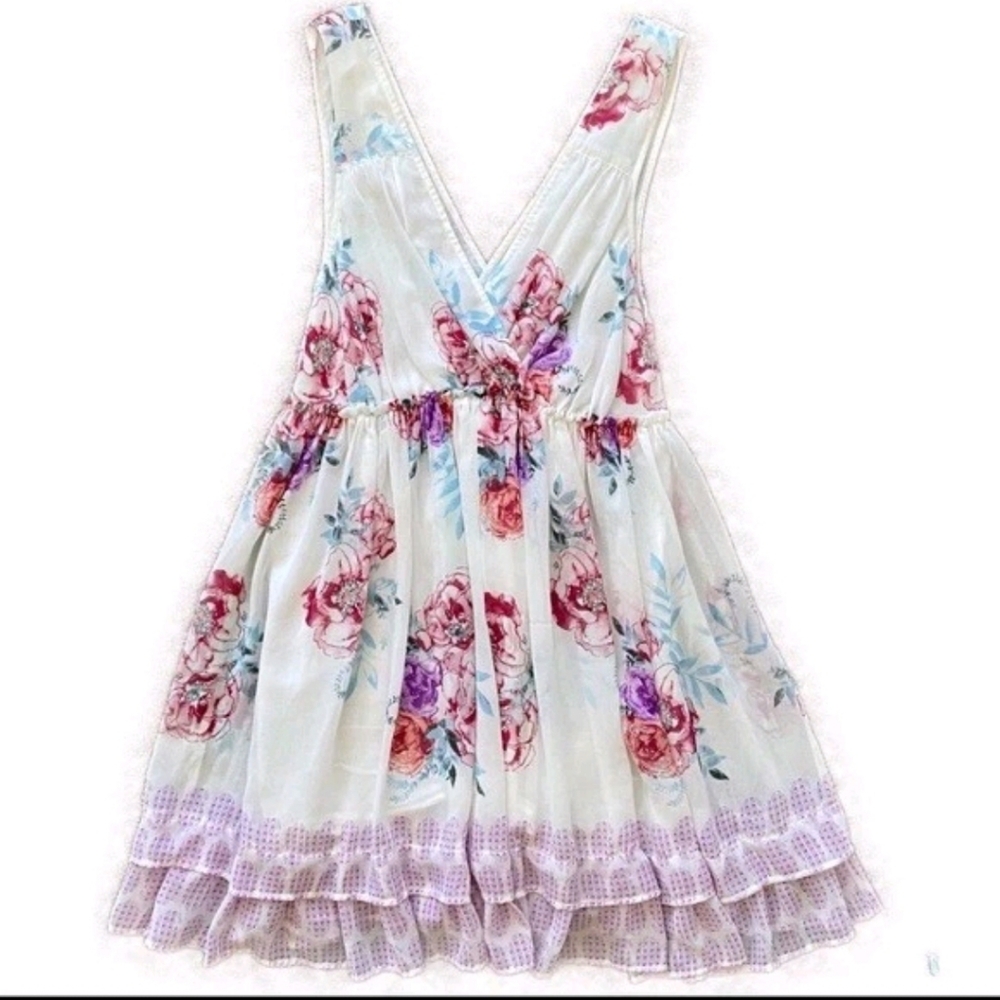 FREE PEOPLE Floral Chiffon Flowy V Neck Mini Dress Cream Pink Size Medium